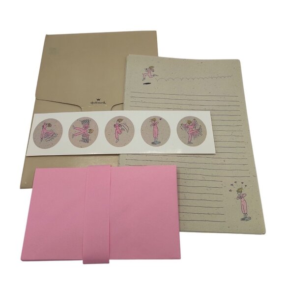 Hallmark Stationery Excercising Lady Lined Paper 10 Seals 10 Pink Envelopes Vtg - Picture 1 of 3